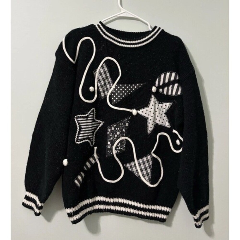 Vtg. 90s International Sportswear Co. Abstract Art Patchwork Stars Sweater Sz L
